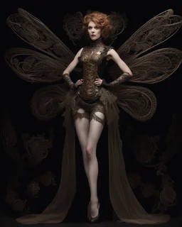 full length, steampunk delicate metal woman, lacewings, black background