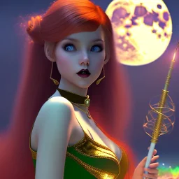 Attractive teenage girl with red hair with golden highlights, who is dressed like a witch casting a spell with a quarterstaff on the moon, magic is in the background, green eyes looking at the moon, background is realistic space, goth girl dress, full body portrait, arm colors gradient effect into stars, rendered, unity 3d, unreal engine, dslr, hdr, 4k, edited, photorealistic, normal number of appendages, freckles, artists rendering