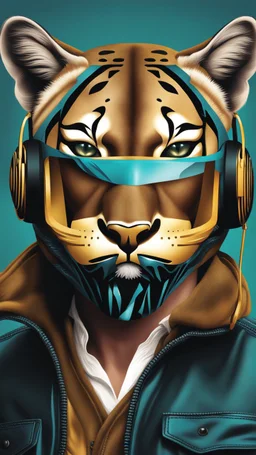 Cougar man man with puma mask in his eyes art stylized illustration complementary colors quality ultra hyper detailed hyper realistic 12k