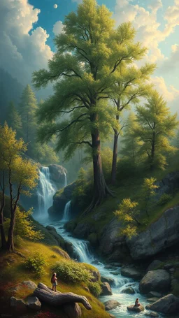 Bosch painting style, wake up in heaven with beautiful trees and waterfalls