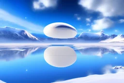 white spaceship flying saucer with background of snow sweety mountains and blu and brightness sky