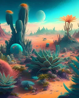 A panoramic view of an alien planet with vibrant plants and mysterious creatures