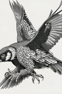 "Create an AI line art piece featuring the Peregrine Falcon, one of nature's fastest and most agile predators. Capture the bird in flight, showcasing its incredible speed and grace. Highlight the intricate details of its feathers and the intensity in its eyes, embodying the essence of this magnificent raptor."