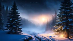 fir forrest scenery, heavy mist,valley,creek,forest,christmas ,tree,,nature,night,snow,fir tree,high-quality photograph,zeiss prime lens, bokeh , high detail, smooth render, unreal engine 5, dust effect, vivid colors,night