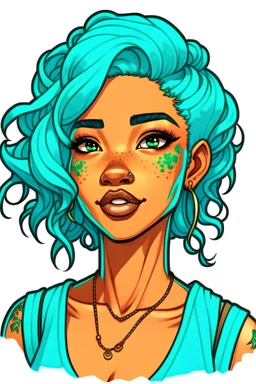 Drawing of a girl with light brown skin and turquoise hair