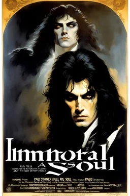 Movie poster - "Immortal Soul, A Vampire Story," - Paul Stanley as the vampire Vincent Paul - he'll seduce you, and then he'll drain you, and then he'll make you his, forever - in the art style of Boris Vallejo, Frank Frazetta, Julie bell, Caravaggio, Rembrandt, Michelangelo, Picasso, Gilbert Stuart, Gerald Brom, Thomas Kinkade, Neal Adams, Jim Lee, Sanjulian, Thomas Kinkade, Jim Lee, Alex Ross, Dorian Vallejo, Stan Lee, Norman Rockwell