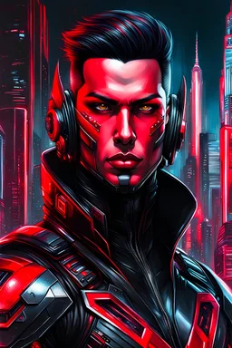 Retrato dibujo de contorno de Dragman, negro y rojo con traje cyberpunk, fondo ciudad