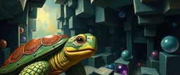 master oil painting by Rembrandt, marble madness turtle character portrait, a living bowling marble halls in a twisted block maze, scenery from the game "marble madness", crystal birds