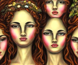 Realistic detailed face portrait of The goddess of beauty, goddess of spell and goddess of joy. "The Three Graces"