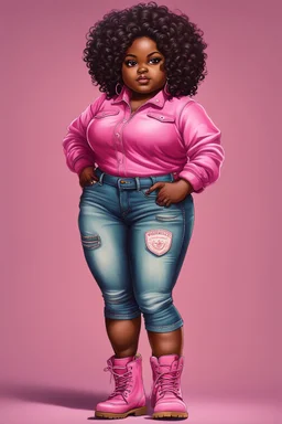 create a oil painting image of a plus size chibi dark skinned Black female wearing a pink jean outfit with timberland boots. Prominent make up with brown eyes. Highly detailed tight long curly afro