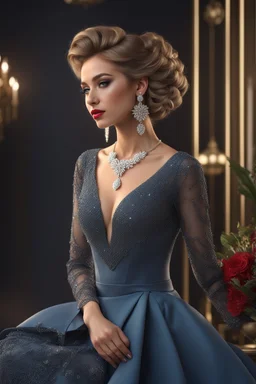 full body woman, from Russian Federation , elegant dress, elegant curled hair , 19 years old ,earring, nice make up,8k, Candid avant garde portrait, charming woman, wearing Lovely Flower Diamond Pendant, octane render 3d, plastic material