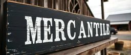 fill composition with large and wide historical hand painted old western sign that reads: "MERCANTILE" white on black with inset white stripe boarder aged paint on wood sanserif