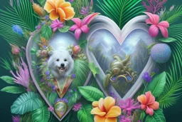 Tropical flowers, realistic heart drawing, crystals, tropical leaves, sacred altar, Fantasy home, cute animal.