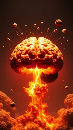 a human brain and eyes floating and crossed with a nuclear explosion