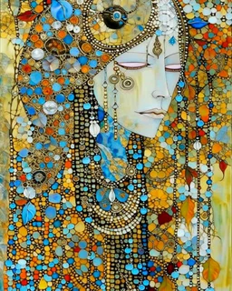 Mixed media painting "Hetairas in the autumn ". Acrylic, ink and sunken relief. Original oil painting by Margaret Macdonald Mackintosh. Style Edouard Vuillard. silver and full-colour illustration. Drifting, gouache with beads, sequins, and gold. in icy cool blues, aquas, warm siennas and ochres, Zentangle, Mosaik, patchwork