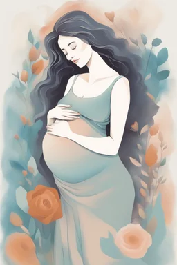 A digital painting, with strong textures, nuanced colors, a vignette, and an illustration of a pregnant woman lovingly looking at her belly while caressing it, wearing a flowy dress, flowers, whimsical, enchanting illustration, cubism style