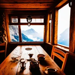 Mountain hut interior, five poeple eating, Austrian aesthetic, oil lamp, wooden floor, night time, 8k, HD, cinematography, photorealistic, Cinematic, Color Grading, Ultra-Wide Angle, Depth of Field, hyper-detailed, beautifully color-coded, insane details, intricate details, beautifully color graded, Cinematic, Color Grading, Editorial Photography, Depth of Field, DOF, White Balance, 32k, Super-Resolution, Megapixel, ProPhoto RGB, VR