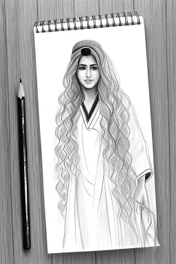 Pencil sketch of Young woman , nurse , Arab features,sad, long wavy hair, full body، on lined paper