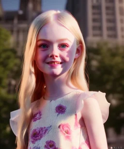 Elle fanning toddler, full body, city background, floral dress, dramatic lighting