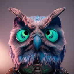 Anthropomorphic blue owl, big green eyes, lots of details, portrait, finely detailed armor, cinematic lighting, intricate filigree metal design, 8k, unreal engine, octane render, realistic, redshift render