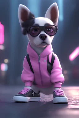 cartoon cute dog with white and sneakers, Cyberpunk realism style, front view,wearing a pair of black glasses, zbrush, Arys Chien and light magenta, lit children, 32k uhd, street fashion, round,8k,HD