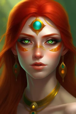 Red hair teal skin gold eyes eladrin druid
