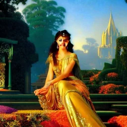 hyperdetailed oil on canvas, young Georgina Chapman by a temple fountain, beautiful, detailed face, long dark hair, surrounded by luminous colorful sparkles, airbrush, depth of field, Octane Render, by Gaspar Camps, Maxfield Parrish, Alphonse Mucha, Cyril Rolando, volumetric lighting, dusk, 16k