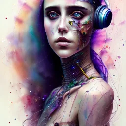 watercolor illustration of cyberpunk singer Danish MØ face by <agnes cecile> , crystals,opalescent,