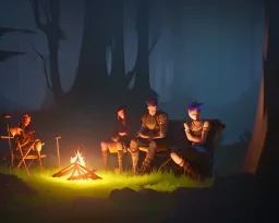 Adventurers resting around a campfire with a cooking pot in a forest clearing at night, starry sky, dark fantasy, high detail, high definition, big adventuring bags