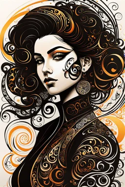 an abstract portrait of a goth punk girl from calligraphic letters, flourishes, and swirls , finely drawn and inked, in classic Arabic calligraphy, 4k, hyper detailed in the style of EL SEED and vibrantly colored in the style of GUSTAV KLIMT