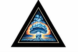 a blue nuclear explosion mushroom cloud behind an omega like shape, inside an equilateral triangle, radiant lines, oil painting
