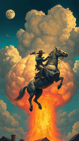 A cowboy riding on a nuclear boom as a horse an atrial view of the city cap sad theme clouds and sturdy weather in Bsosh nightmares style painting