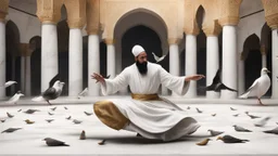 Hyper Realistic Sufi Whirling on stone floor with Black & Golden Islamic Sufi Rustic Grungy Background outside white marble Islamic monument with pigeons flying