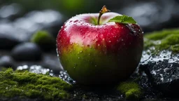Close up of an apple fruit on a wet rock,,moss,high details,dark place