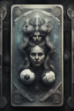 sacred geometry framed playing card, hyper violent ogre women soccer team in the Olympics in the style of Giger and fallout 4 ,,bokeh like f/0.8, tilt-shift lens 8k, high detail, smooth render, down-light, unreal engine