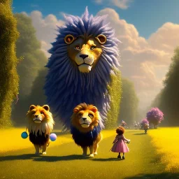 cute fluffy lion, scarecrow, tin-man, little girl on a journey into the woods walking on a yellow brick road, cute adorable pop surrealism, lowbrow art, realistic, street fashion, fluffy , pixar style, hyperrealism, rococo, Pixar, Disney, concept art, 3d digital art, Maya 3D, ZBrush Central 3D shading, bright colored background, radial gradient background, cinematic, Reimagined by industrial light and magic, 4k resolution post processing 8k resolution holographic astral cosmic illustra