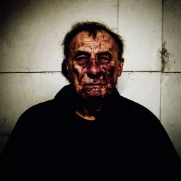 very grainy discolored photo, portrait, dark night street, grunge, 2000s Russia, punk, outcast, rough, confident, older male, extremely pale skin, flesh growths cover his face, hunchback, sewer dweller