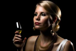 Mujer bebiendo de una copa de champán. Su rostro se asoma por el lado derecho de la imagen, llevan collar de oro, pulsera de oro y pendientes de oro, es rubia con el pelo peinado hacia atrás. Fondo negro muy difuminado Fotografía realizada con una cámara Leica y con objetivo de 50 mm