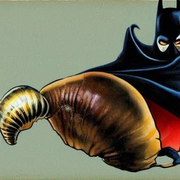 realistic image of a snail with a shell on its back disguised as a batman with a cape and a mask intervening in a fight painted in the style of the painter Miro