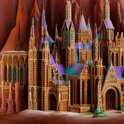 model of grand cathedral made of gingerbread house with crushed, vibrant rock candy as stain-glassed windows, 8k resolution, centered, high-quality, ultrafine-detail, ornate, digital art, detailed matte, volumetric lighting, illustration, 3D octane render, brian froud, howard lyon, George Grie, greg rutowski,