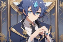 Kaeya Alberich from Genshin Impact, tanned complexion and navy-blue hair with streaks of lighter blue, with a waist-length lock of hair that starts at the base of his scalp on the back of his head at the left. His visible eye is periwinkle with a diamond-shaped pupil, Over his right eye he wears a gold-trimmed black eyepatch that is mostly covered by his bangs, intricate background, intricate face, sitting on a cliff during sunset, contemplative, anime style, dynamic composition