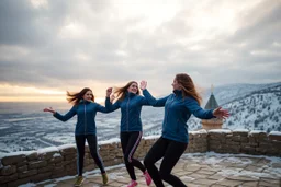 a group of Turkish young ladys in sports pants and blouse winter jacket are dancing in Babak Castle in Iran west north ,cloudy sun set sky,snowy environment