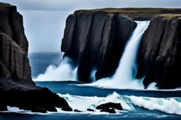 massive intimidating rock cliffs ascend all around and further up out of view. far below, the stormy ocean swirls intimidatingly. The ocean water falls off a waterfall down into a circular pit