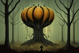 Surreal trees shaped like incredibly long-limbed and thin weird alien-like cryptids "Thins" who wrap their elastic bodies greedily around massive surreal smartphone fruit hanging from the boughs, futuristic metaphorical dystopia, surrealism, sharp focus, by H.R. Giger, by Yves Tanguy, by Andy Kehoe, sinister, otherworldly alien weird-land, sharp warm colors, art from beyond.