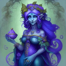 Cassavara - The Goddess of Change, Luck and Fortune, Patron of Halflings and Gnomes Lady Luck, purple dress, blue hair