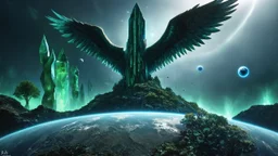 matrix universe, space, planets, god creation, angels from other dimensions with beautiful wings, trees on the planet, behind green crystals of light, few tiberium monolith deposits on the planet near tree,