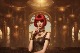 a skinny Cleopatra, with a bob red hairstyle, standing in a steampunk setting.