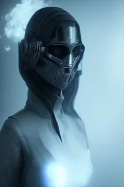 All Black suit Ana de Armas soldier, portrait, ghost mask, wearing high tech mask, white smoke, dark, rage, sorrow, high definition, ultra 8 k, volumetric lighting, blue fire, fog