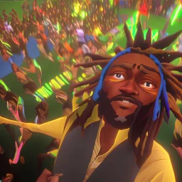 A vibrant and energetic concert performance by Lucky Dube, with a large crowd of enthusiastic fans dancing and singing along to his reggae music.spirit.energy and beauty of this moment.