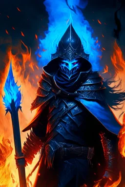 A warrior with a matte black combat helmet and eyes with bright blue flaming pupils, a black cape and a long coat with long combat boots and a long, sharp and fiery spear and with his helmet under A picture of hell with hellish people in tormenthis cape and two blue flames instead of eyes